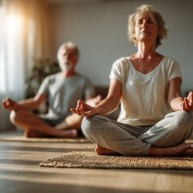 Adultos mayores practicando yoga en ambiente sereno