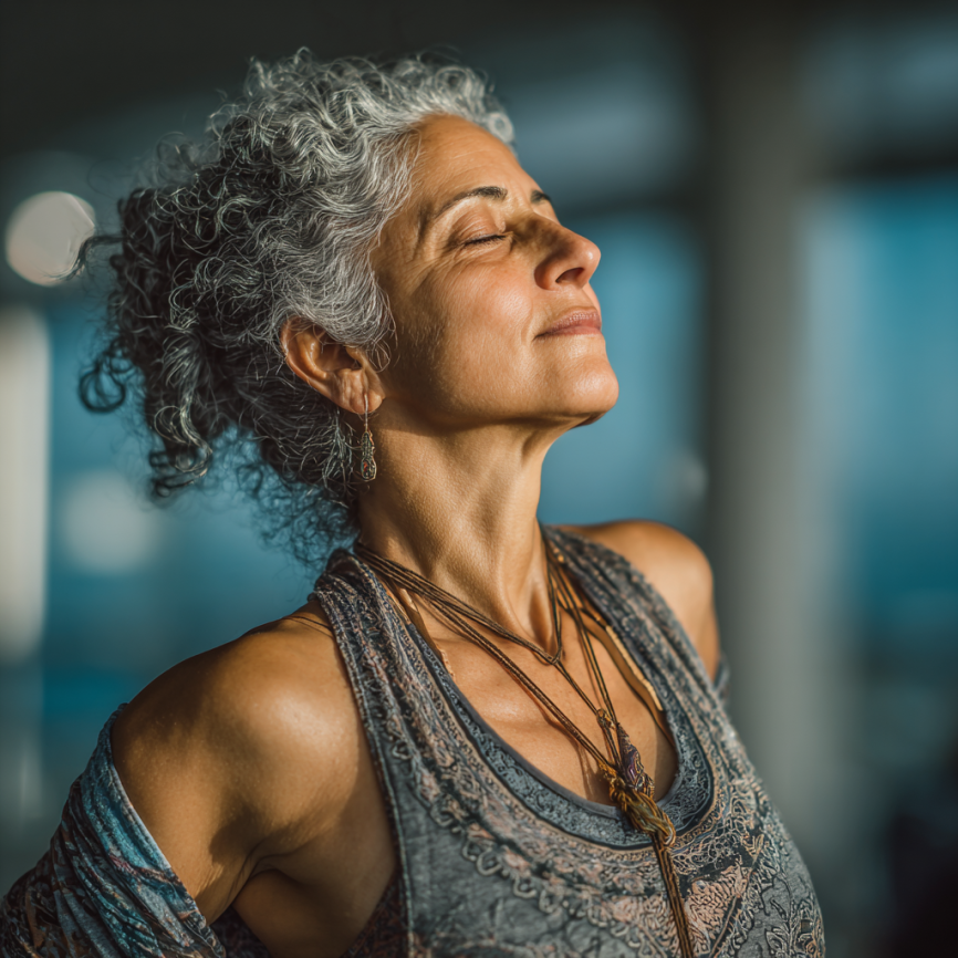 Comunidad diversa de adultos mayores celebrando su bienestar después de una sesión de yoga